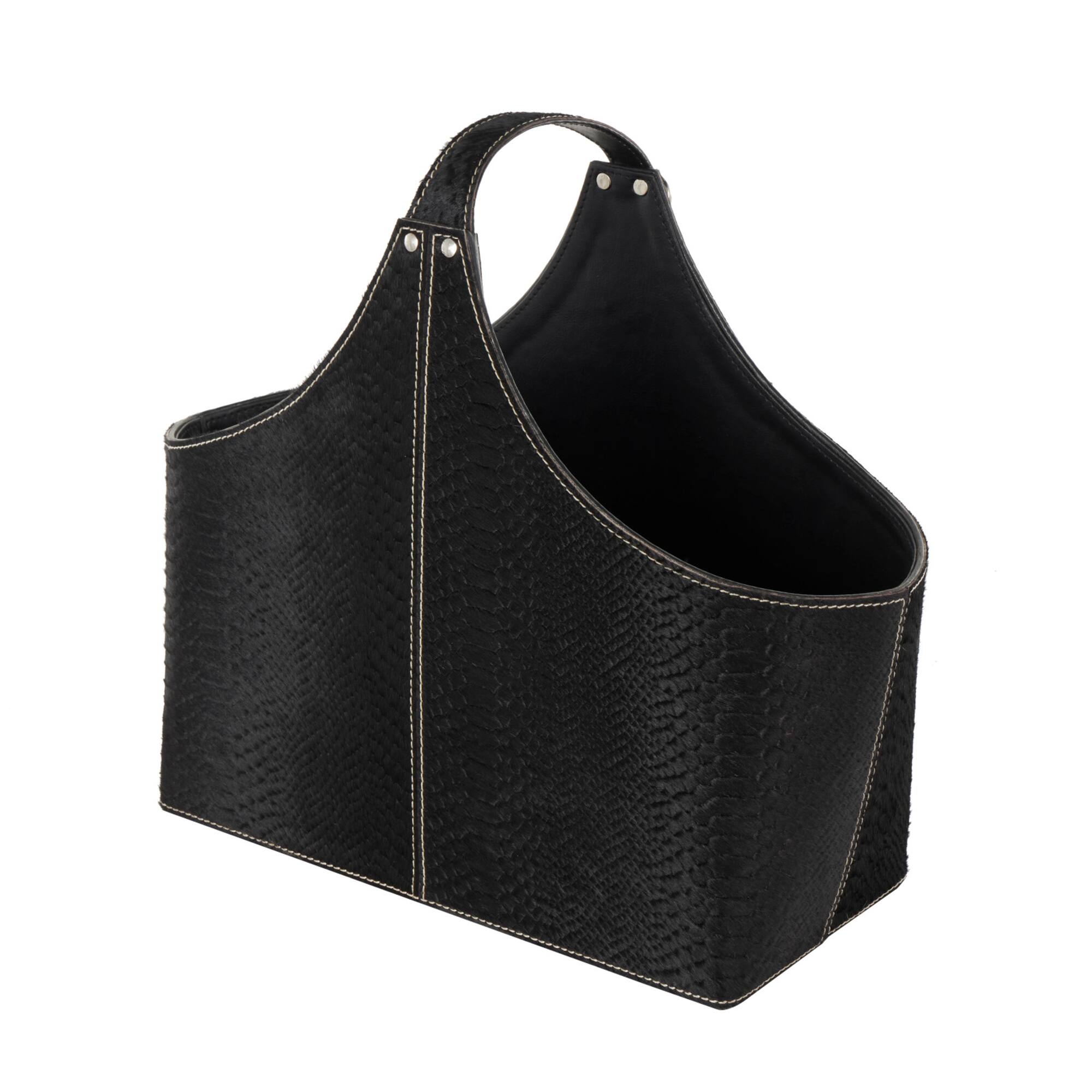 17" Black Leather Handmade Box Style Decorative Magazine Holder with Detail Stitching & Curved Buckle Handles